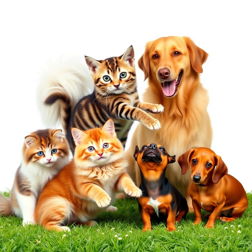 A delightful scene featuring a variety of cats and dogs of different breeds playfully interacting on a lush green grass lawn