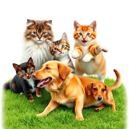 A delightful scene featuring a variety of cats and dogs of different breeds playfully interacting on a lush green grass lawn