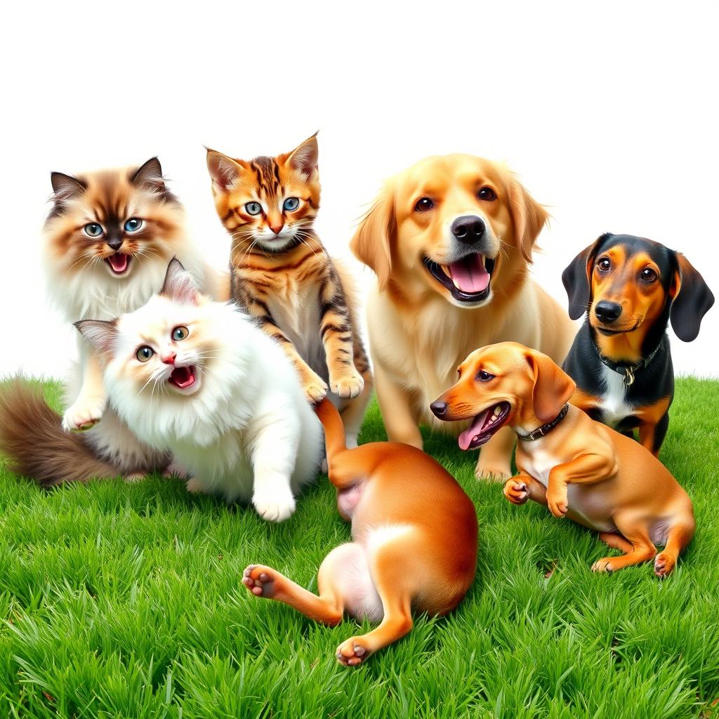 A delightful scene featuring a variety of cats and dogs of different breeds playfully interacting on a lush green grass lawn