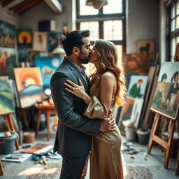 A handsome, wealthy man romantically engaged with a beautiful artist, who is a talented painter