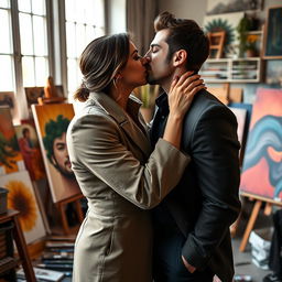 A handsome, wealthy man romantically engaged with a beautiful artist, who is a talented painter