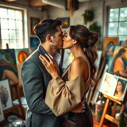 A handsome, wealthy man romantically engaged with a beautiful artist, who is a talented painter