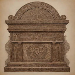 A beautifully detailed representation of the Ark of the Covenant, adorned with a small cross on top, and surrounded by an intricate Polynesian tattoo design incorporating the word 'GOD'.