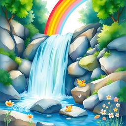 A serene waterfall cascading down rocks, surrounded by lush greenery, with a vibrant rainbow arcing gracefully over the scene