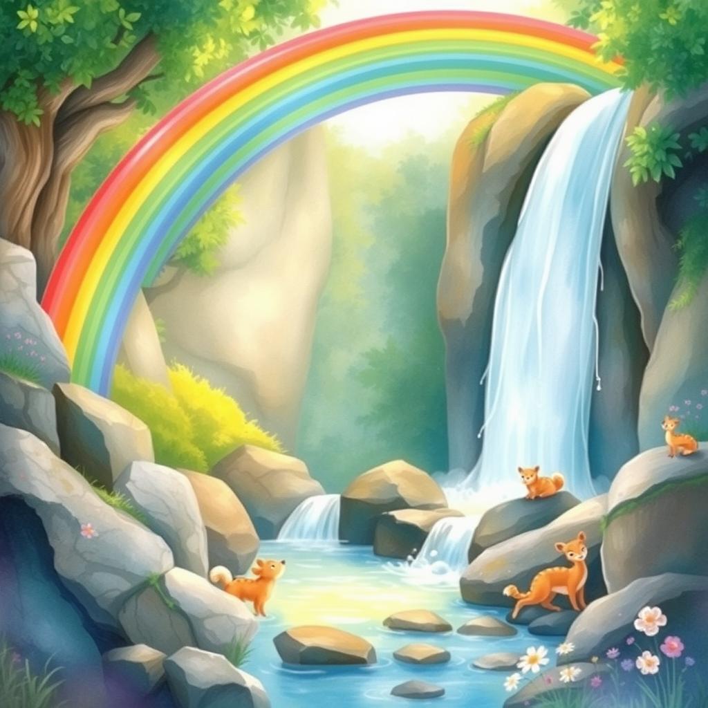 A serene waterfall cascading down rocks, surrounded by lush greenery, with a vibrant rainbow arcing gracefully over the scene