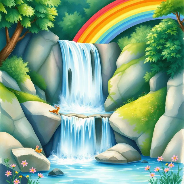 A serene waterfall cascading down rocks, surrounded by lush greenery, with a vibrant rainbow arcing gracefully over the scene