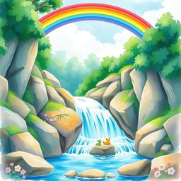 A serene waterfall cascading down rocks, surrounded by lush greenery, with a vibrant rainbow arcing gracefully over the scene