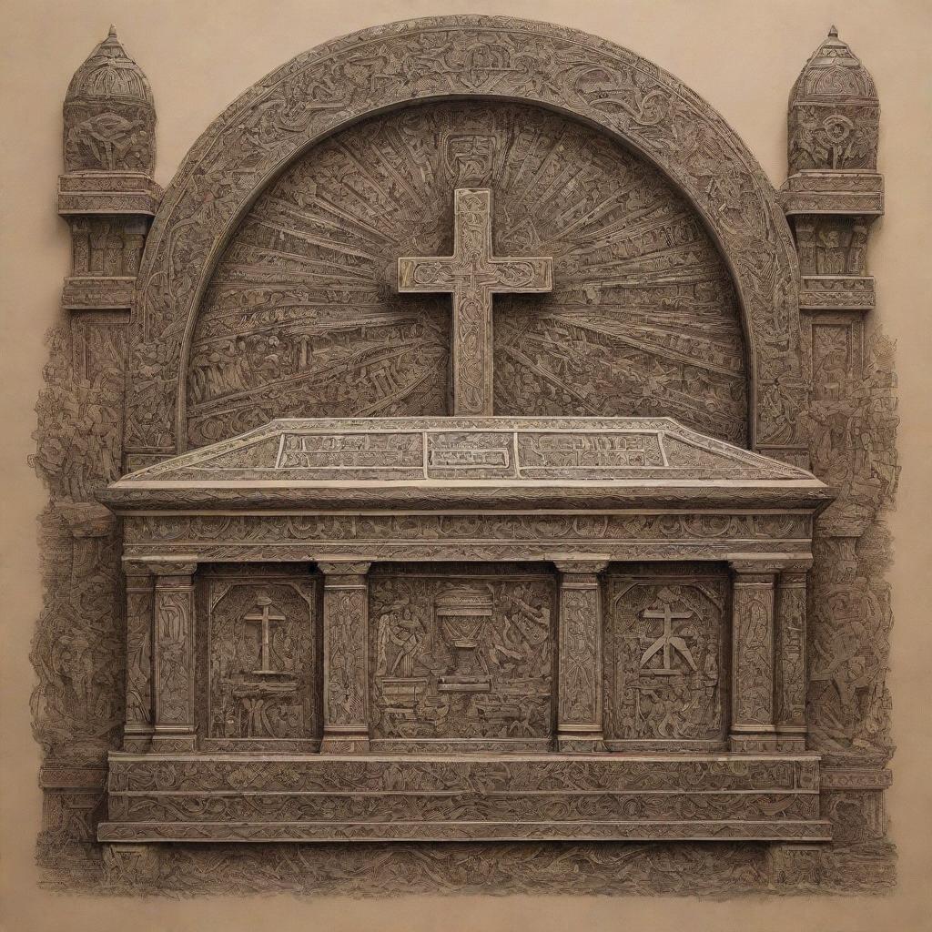 A beautifully detailed representation of the Ark of the Covenant, adorned with a small cross on top, and surrounded by an intricate Polynesian tattoo design incorporating the word 'GOD'.