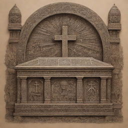 A beautifully detailed representation of the Ark of the Covenant, adorned with a small cross on top, and surrounded by an intricate Polynesian tattoo design incorporating the word 'GOD'.