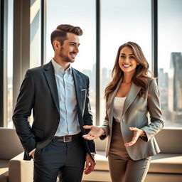 A stylish young businessman and a stunning businesswoman in a modern office setting