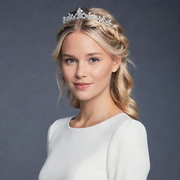 Cartoon-style Chloe Bourgeois wearing a simple, elegant white dress with a flowing silhouette. Her blonde hair is styled in a crown braid with loose strands framing her face, embodying sophistication and grace.