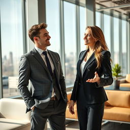 A stylish young businessman and a stunning businesswoman in a modern office setting