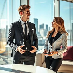 A stylish young businessman and a stunning businesswoman in a modern office setting