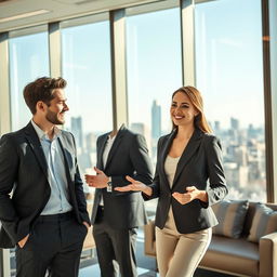 A stylish young businessman and a stunning businesswoman in a modern office setting