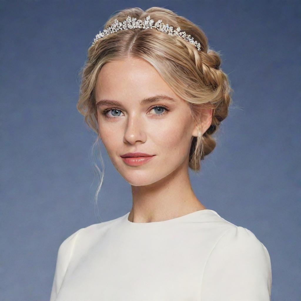 Cartoon-style Chloe Bourgeois wearing a simple, elegant white dress with a flowing silhouette. Her blonde hair is styled in a crown braid with loose strands framing her face, embodying sophistication and grace.