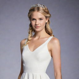 Cartoon-style Chloe Bourgeois wearing a simple, elegant white dress with a flowing silhouette. Her blonde hair is styled in a crown braid with loose strands framing her face, embodying sophistication and grace.