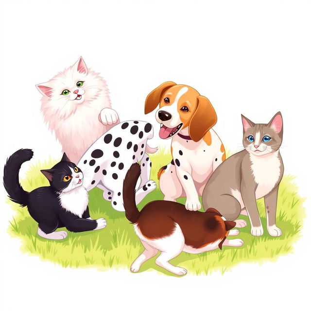 A lively scene depicting a variety of cats and dogs of different breeds happily playing together on a vibrant green grass lawn