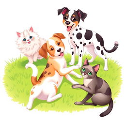 A lively scene depicting a variety of cats and dogs of different breeds happily playing together on a vibrant green grass lawn