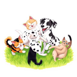 A lively scene depicting a variety of cats and dogs of different breeds happily playing together on a vibrant green grass lawn