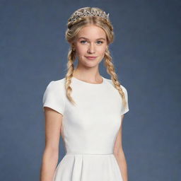 Cartoon-style Chloe Bourgeois wearing a simple, elegant white dress with a flowing silhouette. Her blonde hair is styled in a crown braid with loose strands framing her face, embodying sophistication and grace.