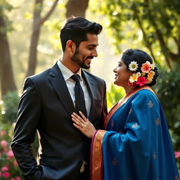 A romantic scene depicting a businessman in a tailored suit and a beautiful woman wearing a traditional Indian outfit, like a colorful saree, standing close together in a lush garden