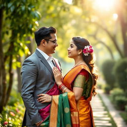 A romantic scene depicting a businessman in a tailored suit and a beautiful woman wearing a traditional Indian outfit, like a colorful saree, standing close together in a lush garden