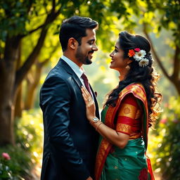 A romantic scene depicting a businessman in a tailored suit and a beautiful woman wearing a traditional Indian outfit, like a colorful saree, standing close together in a lush garden