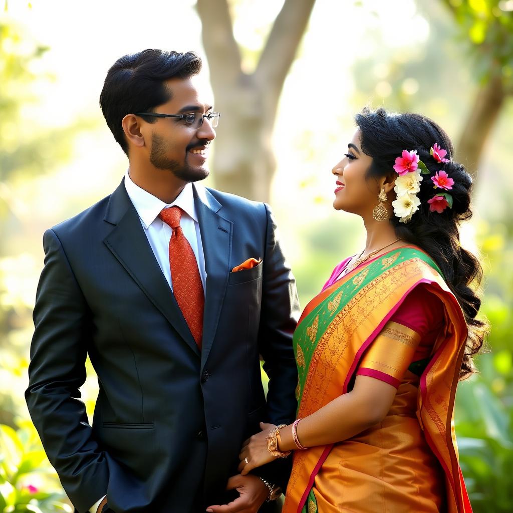 A romantic scene depicting a businessman in a tailored suit and a beautiful woman wearing a traditional Indian outfit, like a colorful saree, standing close together in a lush garden