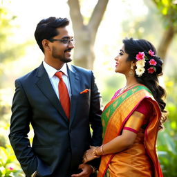 A romantic scene depicting a businessman in a tailored suit and a beautiful woman wearing a traditional Indian outfit, like a colorful saree, standing close together in a lush garden