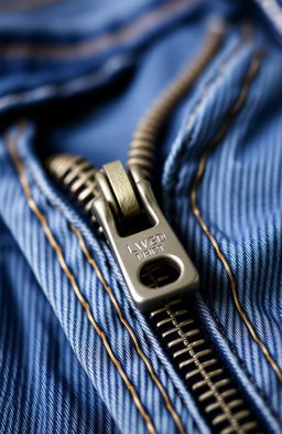 A close-up shot of a stylish denim zipper on a pair of jeans