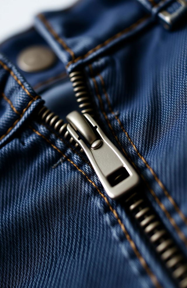 A close-up shot of a stylish denim zipper on a pair of jeans