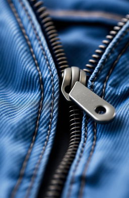 A close-up shot of a stylish denim zipper on a pair of jeans