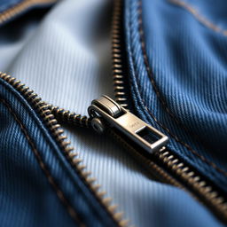 A close-up shot of an open denim zipper on a pair of jeans, with one side of the fabric folded back to reveal the inner lining