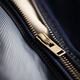 A close-up shot of an open denim zipper on a pair of jeans, with one side of the fabric folded back to reveal the inner lining