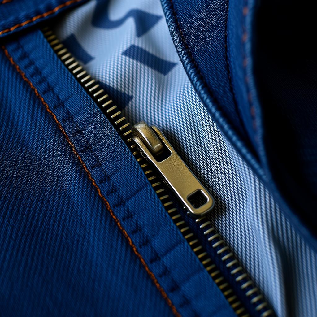 A close-up shot of an open denim zipper on a pair of jeans, with one side of the fabric folded back to reveal the inner lining