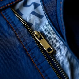 A close-up shot of an open denim zipper on a pair of jeans, with one side of the fabric folded back to reveal the inner lining