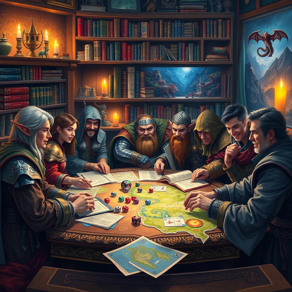 A vibrant and immersive scene depicting a Dungeons & Dragons lifestyle, showcasing a multi-faceted tabletop gaming experience