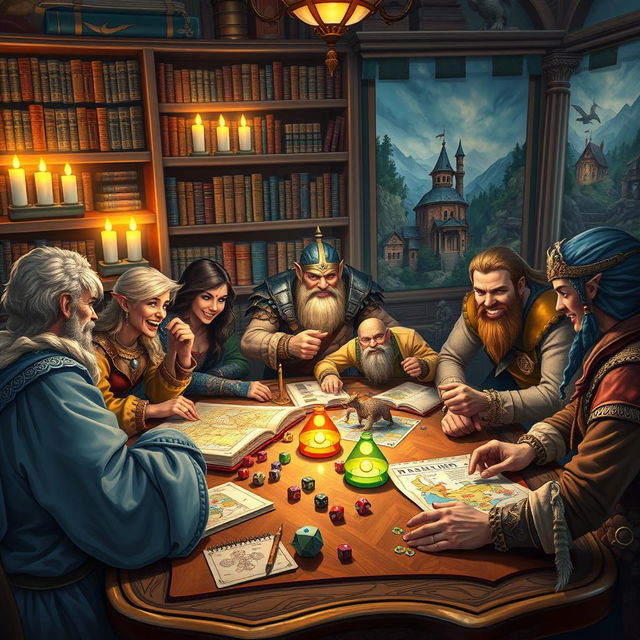 A vibrant and immersive scene depicting a Dungeons & Dragons lifestyle, showcasing a multi-faceted tabletop gaming experience