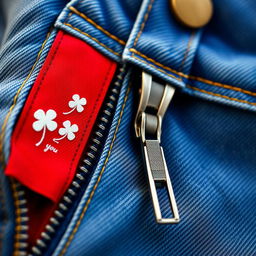 A close-up shot of an open denim zipper on a pair of jeans, showcasing one side of the fabric folded back