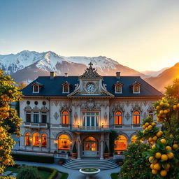 A majestic panoramic shot of an opulent villa located in Salzburg, featuring grand architecture that contrasts beautifully with the tranquil, snow-covered Alps in the background