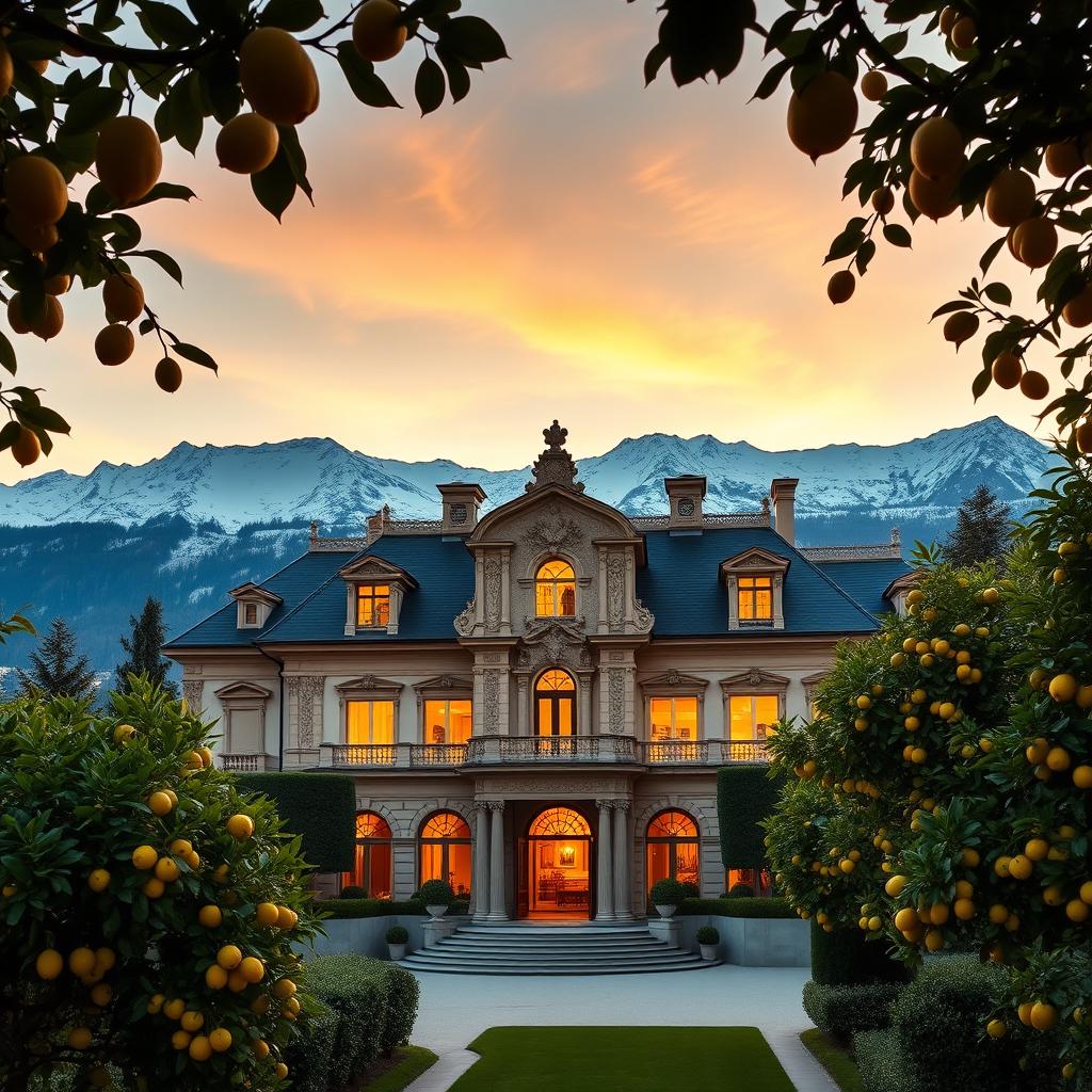 A majestic panoramic shot of an opulent villa located in Salzburg, featuring grand architecture that contrasts beautifully with the tranquil, snow-covered Alps in the background