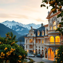 A majestic panoramic shot of an opulent villa located in Salzburg, featuring grand architecture that contrasts beautifully with the tranquil, snow-covered Alps in the background