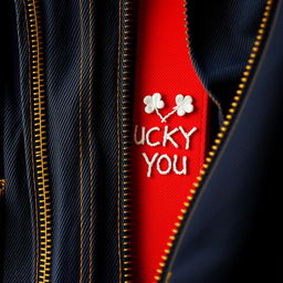 A close-up shot of an open dark denim zipper with a bronze zipper, showcasing one side of the fabric elegantly folded back
