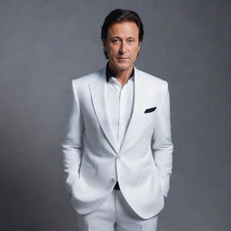 Imran Khan, the notable personality, donned in a crisp white suit with a contrasting black jacket. His photorealistic portrait exudes charisma and elegance.