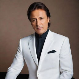 Imran Khan, the notable personality, donned in a crisp white suit with a contrasting black jacket. His photorealistic portrait exudes charisma and elegance.