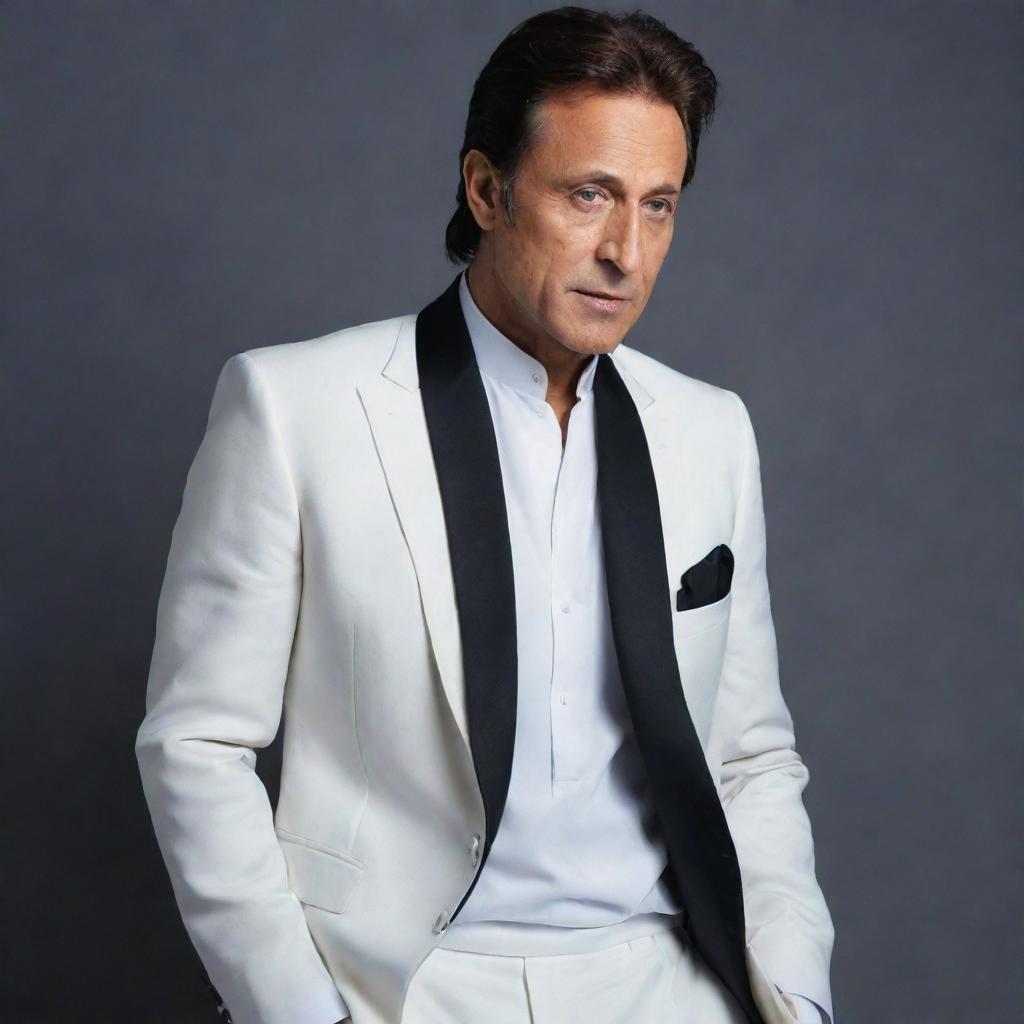 Imran Khan, the notable personality, donned in a crisp white suit with a contrasting black jacket. His photorealistic portrait exudes charisma and elegance.