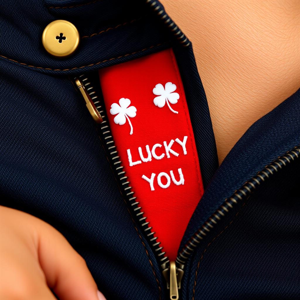 A close-up shot of tanned skin near an open dark denim pants zipper featuring a bronze zipper pull