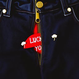 A close-up view of an open zipper on dark denim pants, featuring a bronze zipper pull