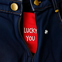 A close-up view of an open zipper on dark denim pants, featuring a bronze zipper pull