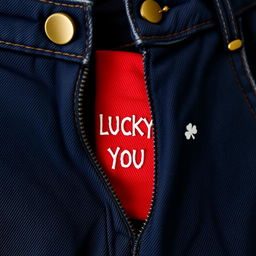 A close-up view of an open zipper on dark denim pants, featuring a bronze zipper pull